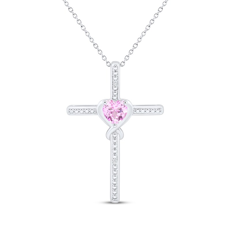 Main Image 1 of Heart-Shaped Pink Lab-Created Sapphire & White Lab-Created Sapphire Cross Necklace Sterling Silver 18"