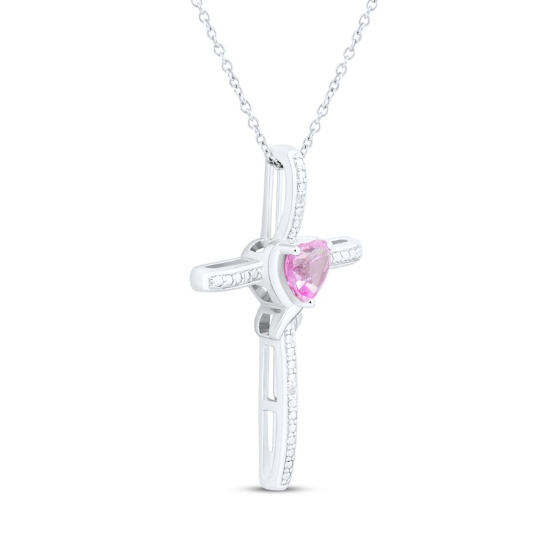 Main Image 2 of Heart-Shaped Pink Lab-Created Sapphire & White Lab-Created Sapphire Cross Necklace Sterling Silver 18"
