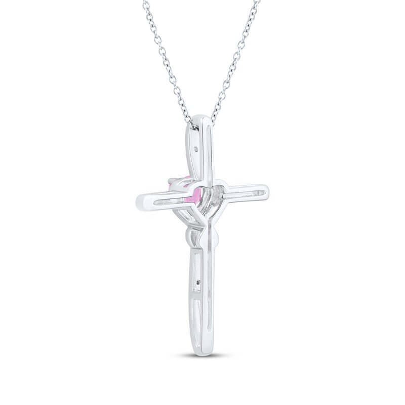 Main Image 3 of Heart-Shaped Pink Lab-Created Sapphire & White Lab-Created Sapphire Cross Necklace Sterling Silver 18"