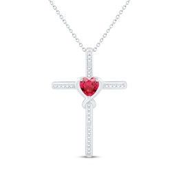 Heart-Shaped Lab-Created Ruby & White Lab-Created Sapphire Cross Necklace Sterling Silver 18"