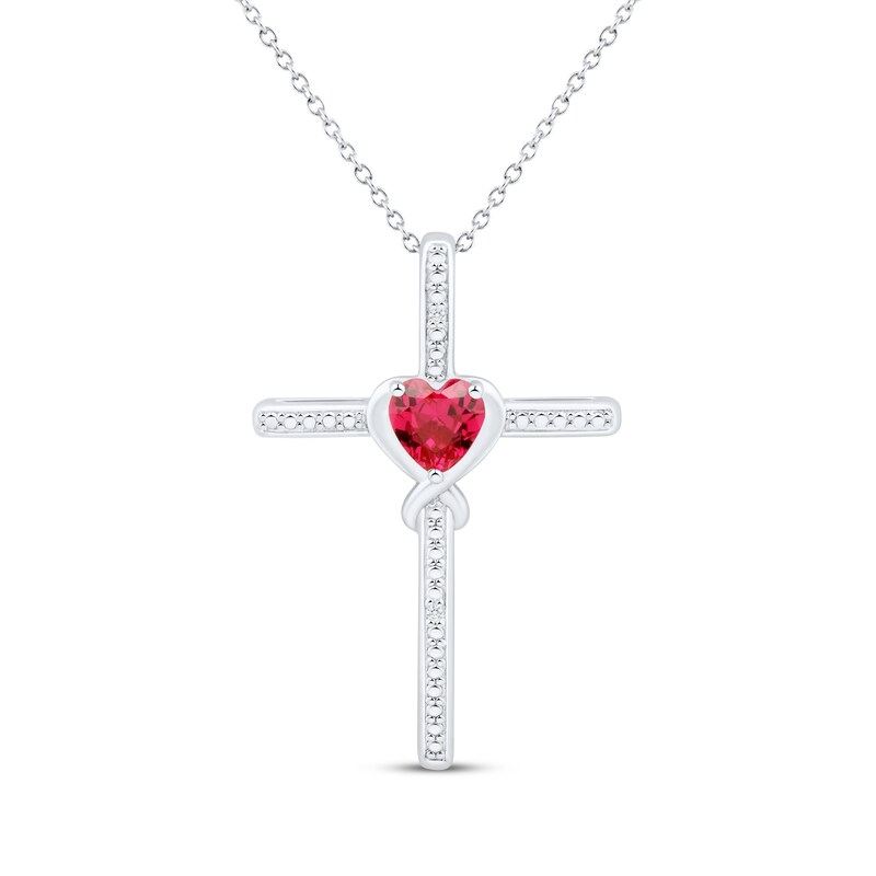 Main Image 1 of Heart-Shaped Lab-Created Ruby & White Lab-Created Sapphire Cross Necklace Sterling Silver 18"