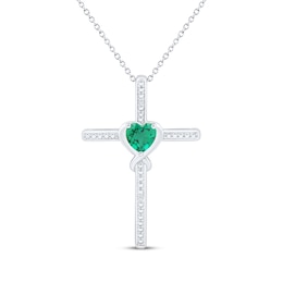 Heart-Shaped Lab-Created Emerald & White Lab-Created Sapphire Cross Necklace Sterling Silver 18"