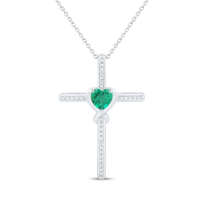 Main Image 1 of Heart-Shaped Lab-Created Emerald & White Lab-Created Sapphire Cross Necklace Sterling Silver 18"