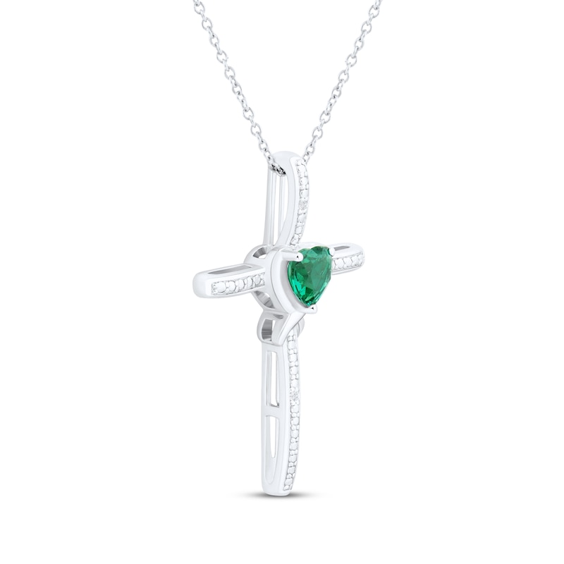 Main Image 2 of Heart-Shaped Lab-Created Emerald & White Lab-Created Sapphire Cross Necklace Sterling Silver 18"