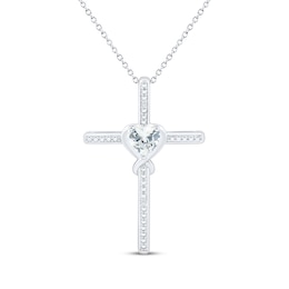 Heart-Shaped White Lab-Created Sapphire Cross Necklace Sterling Silver 18"