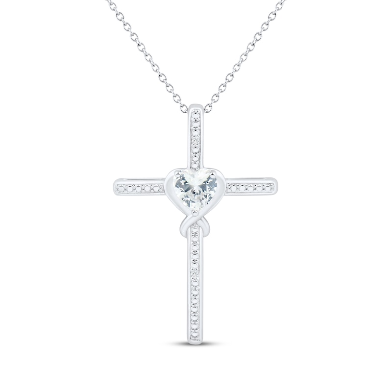 Main Image 1 of Heart-Shaped White Lab-Created Sapphire Cross Necklace Sterling Silver 18"