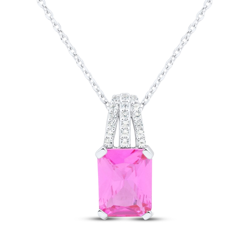 Main Image 1 of Emerald-Cut Pink Lab-Created Sapphire & White Lab-Created Sapphire Necklace Sterling Silver 18"