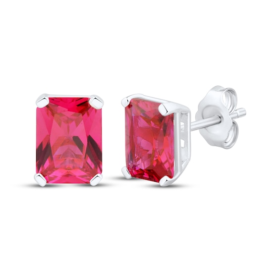 Emerald-Cut Lab-Created Ruby Stud Earrings Sterling Silver