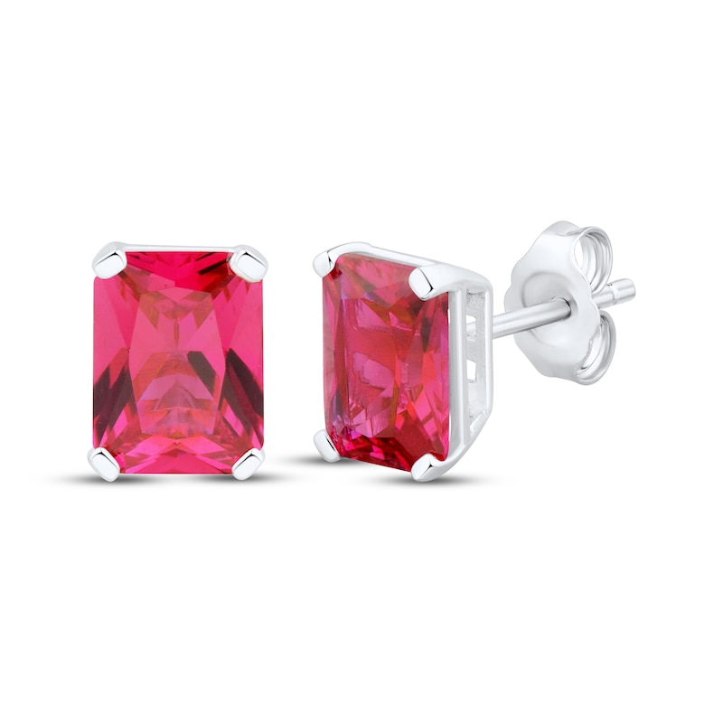 Main Image 1 of Emerald-Cut Lab-Created Ruby Stud Earrings Sterling Silver
