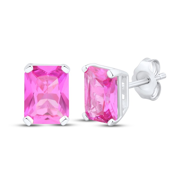 Main Image 1 of Emerald-Cut Pink Lab-Created Sapphire Stud Earrings Sterling Silver