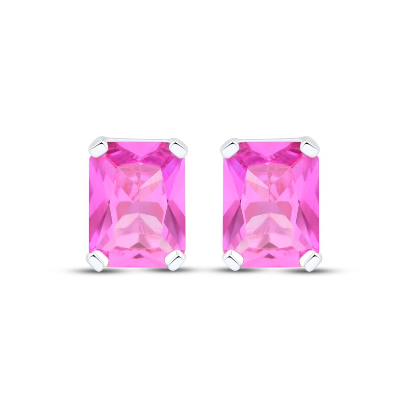 Main Image 2 of Emerald-Cut Pink Lab-Created Sapphire Stud Earrings Sterling Silver