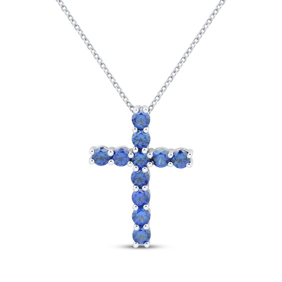Blue Lab-Created Sapphire Cross Necklace Sterling Silver 18"