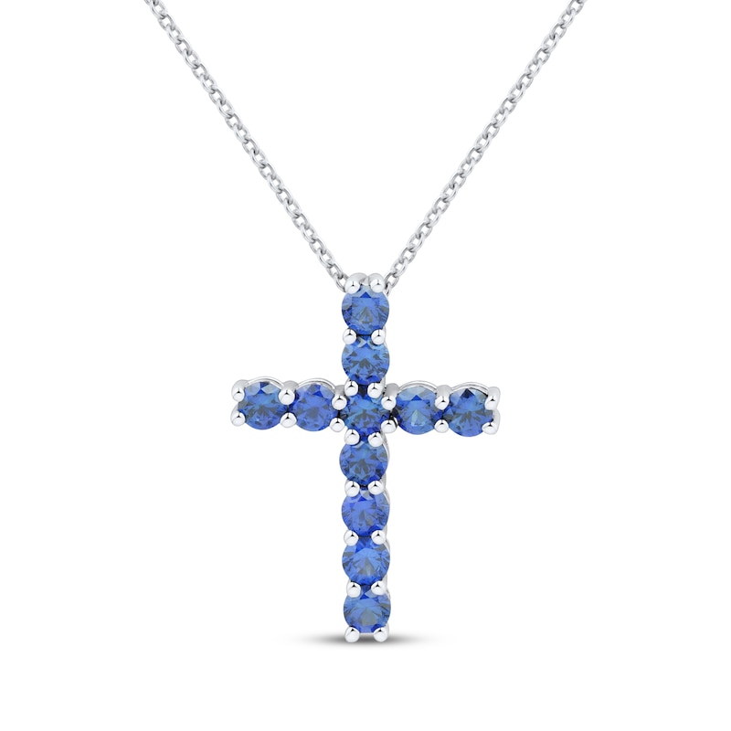 Main Image 1 of Blue Lab-Created Sapphire Cross Necklace Sterling Silver 18"