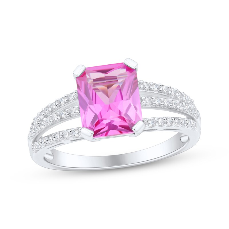 Main Image 1 of Emerald-Cut Pink Lab-Created Sapphire & White Lab-Created Sapphire Ring Sterling Silver