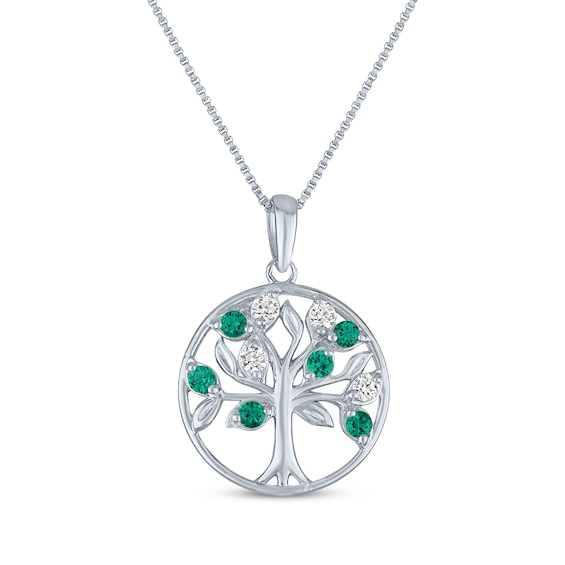 White Lab-Created Sapphire & Lab-Created Emerald Tree of Life Necklace Sterling Silver 18"