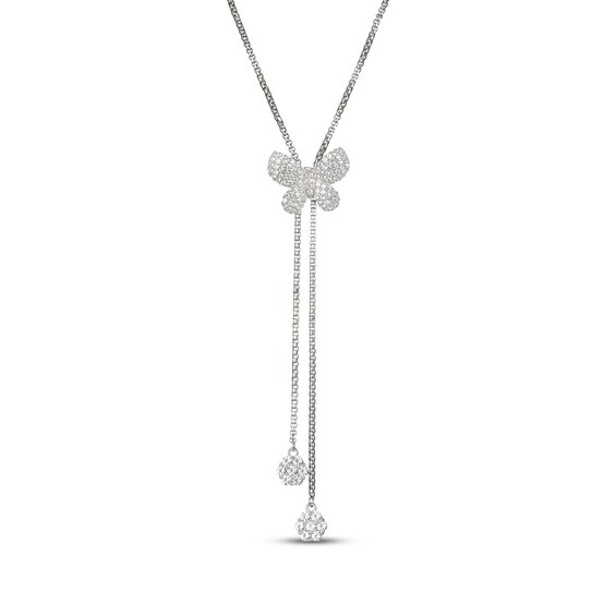 White Lab-Created Sapphire Butterfly Lariat Bolo Necklace 28"
