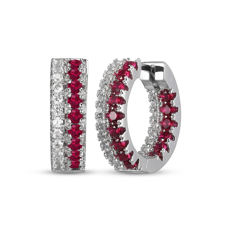 Main Image 1 of Lab-Created Ruby & White Lab-Created Sapphire Huggie Hoop Earrings Sterling Silver