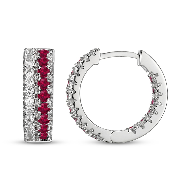 Main Image 3 of Lab-Created Ruby & White Lab-Created Sapphire Huggie Hoop Earrings Sterling Silver