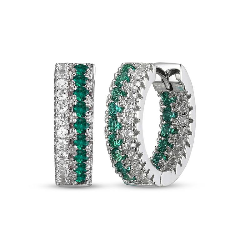 Main Image 1 of Lab-Created Emerald & White Lab-Created Sapphire Huggie Hoop Earrings Sterling Silver