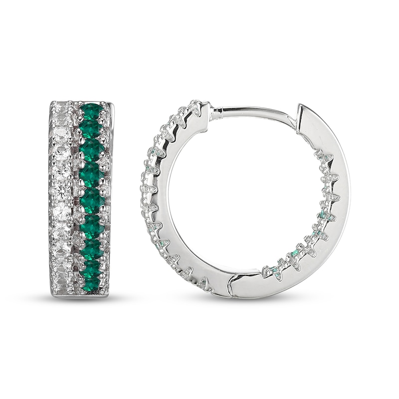 Main Image 3 of Lab-Created Emerald & White Lab-Created Sapphire Huggie Hoop Earrings Sterling Silver