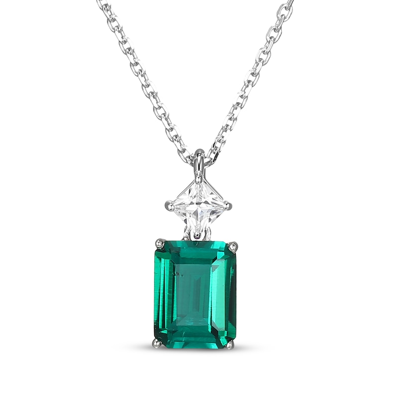 Main Image 1 of Emerald-Cut Lab-Created Emerald & Square-Cut White Lab-Created Sapphire Necklace Sterling Silver 18"