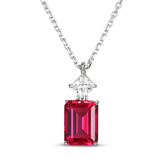 Emerald-Cut Lab-Created Ruby & Square-Cut White Lab-Created Sapphire Necklace Sterling Silver 18"