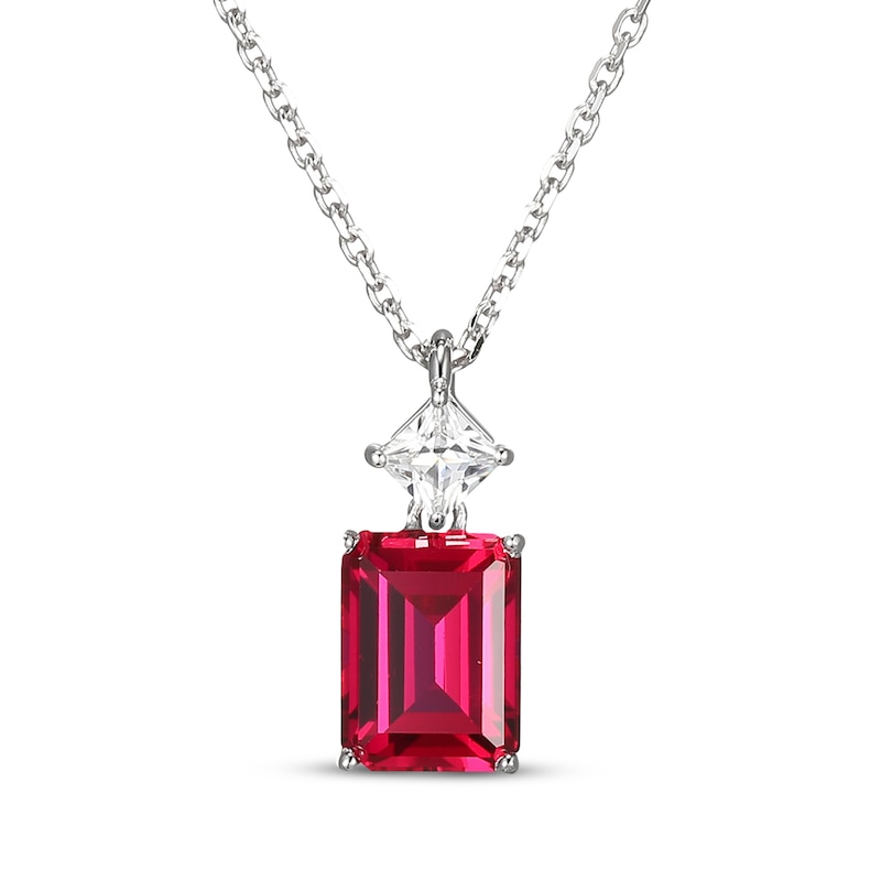 Main Image 1 of Emerald-Cut Lab-Created Ruby & Square-Cut White Lab-Created Sapphire Necklace Sterling Silver 18"