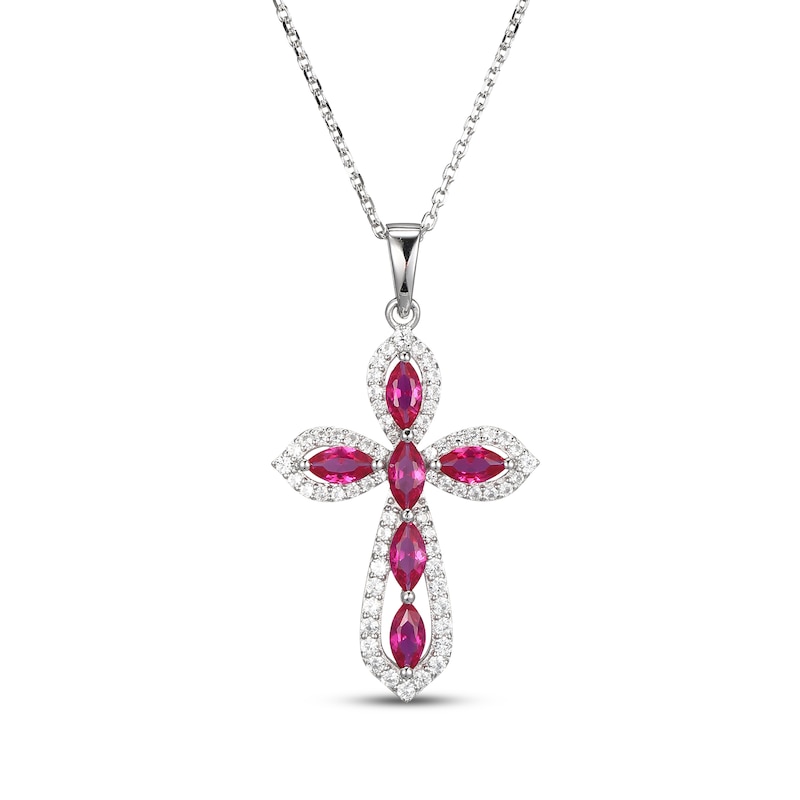 Main Image 1 of Marquise-Cut Lab-Created Ruby & White Lab-Created Sapphire Cross Necklace Sterling Silver 18"