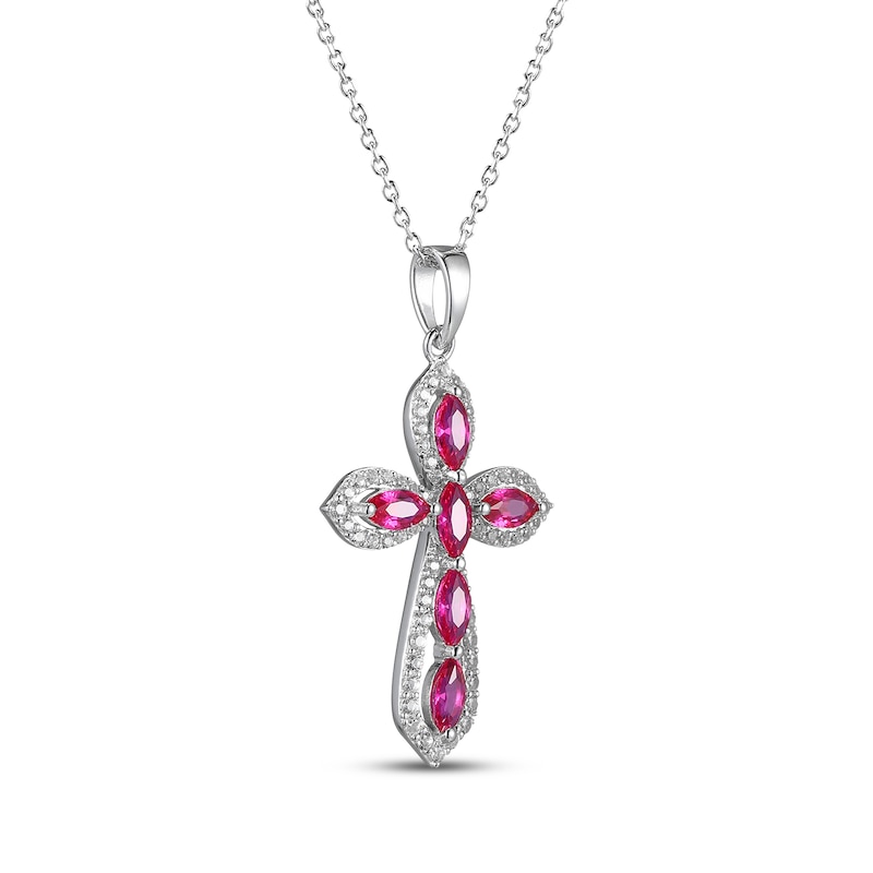 Main Image 2 of Marquise-Cut Lab-Created Ruby & White Lab-Created Sapphire Cross Necklace Sterling Silver 18"
