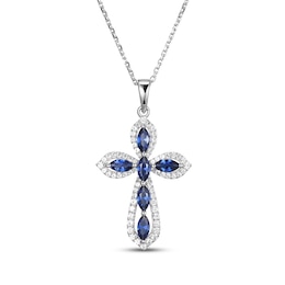 Marquise-Cut Blue Lab-Created Sapphire & White Lab-Created Sapphire Cross Necklace Sterling Silver 18"