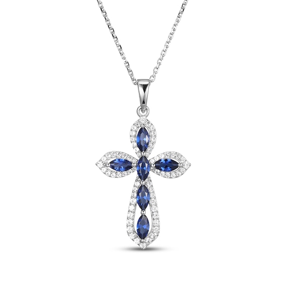Marquise-Cut Blue Lab-Created Sapphire & White Lab-Created Sapphire Cross Necklace Sterling Silver 18"