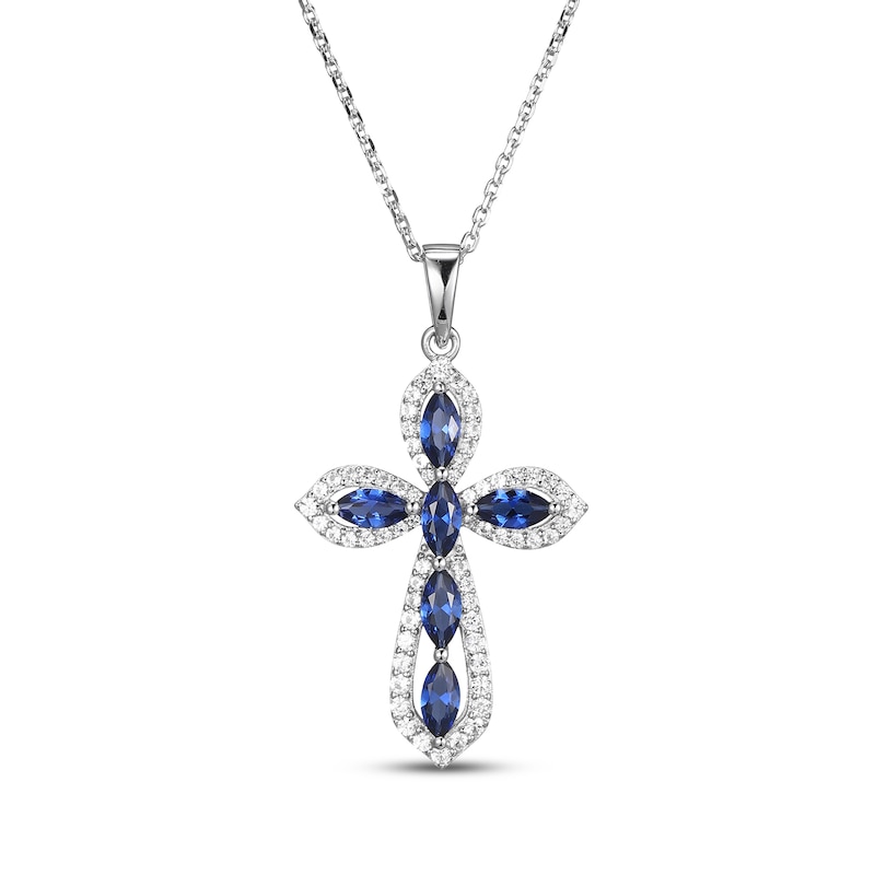 Main Image 1 of Marquise-Cut Blue Lab-Created Sapphire & White Lab-Created Sapphire Cross Necklace Sterling Silver 18"