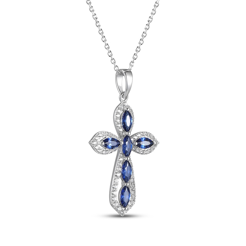 Main Image 2 of Marquise-Cut Blue Lab-Created Sapphire & White Lab-Created Sapphire Cross Necklace Sterling Silver 18"