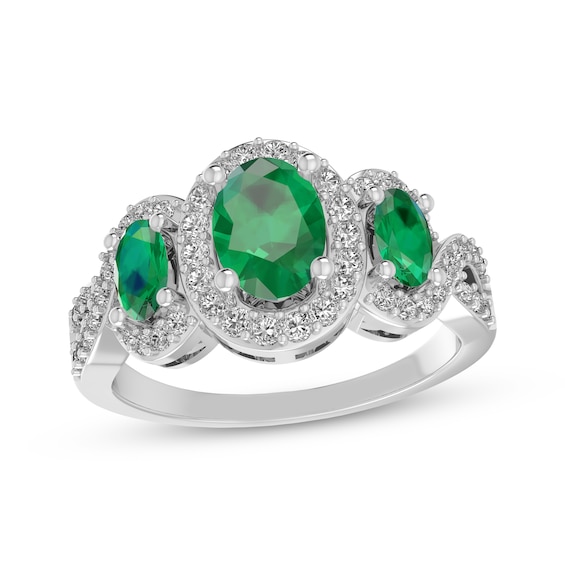Oval-Cut Lab-Created Emerald & White Lab-Created Sapphire Three-Stone Ring Sterling Silver