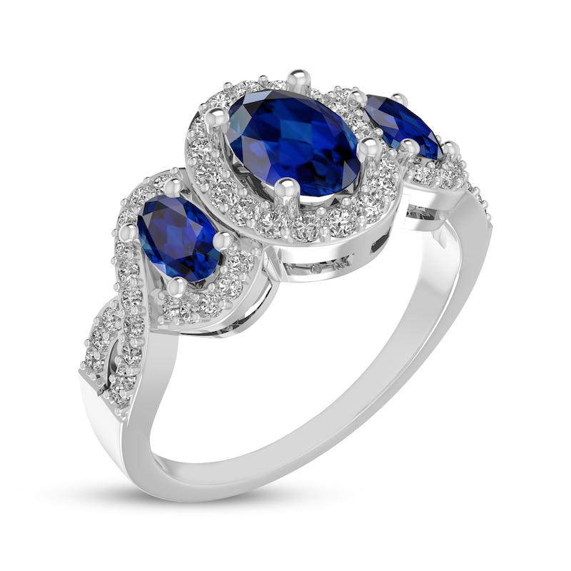 Main Image 2 of Oval-Cut Blue Lab-Created Sapphire & White Lab-Created Sapphire Three-Stone Ring Sterling Silver