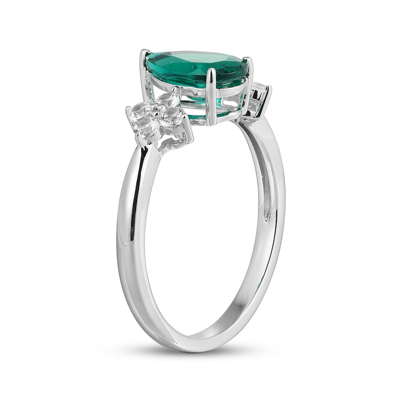 Main Image 2 of Pear-Shaped Lab-Created Emerald & White Lab-Created Sapphire Ring Sterling Silver