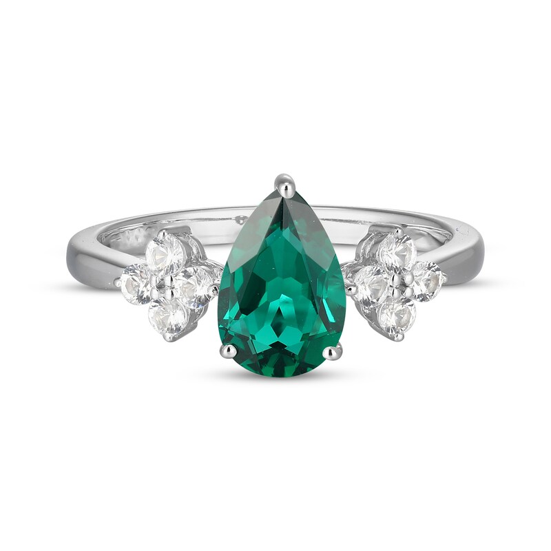 Main Image 3 of Pear-Shaped Lab-Created Emerald & White Lab-Created Sapphire Ring Sterling Silver