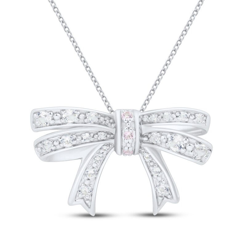 Main Image 1 of Pink & White Lab-Created Sapphire Bow Necklace Sterling Silver 18"