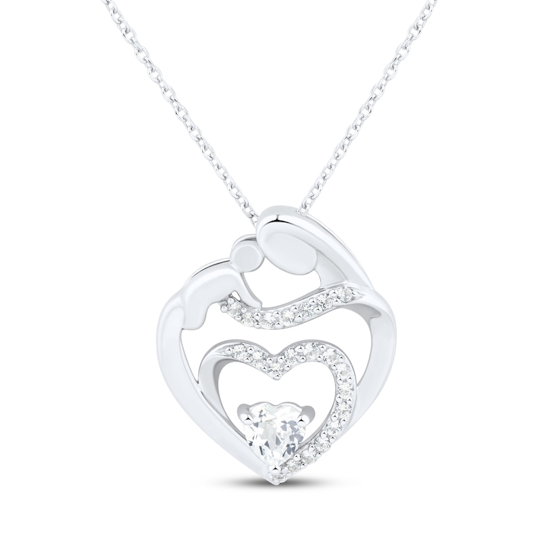 Main Image 1 of Heart-Shaped White Lab-Created Sapphire Mother & Child Heart Necklace Sterling Silver 18"