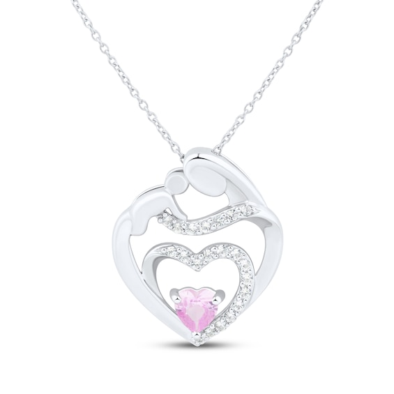 Heart-Shaped Pink & White Lab-Created Sapphire Mother & Child Heart Necklace Sterling Silver 18"