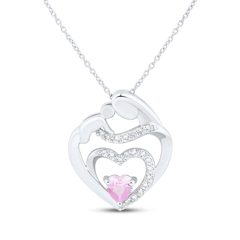 Main Image 1 of Heart-Shaped Pink & White Lab-Created Sapphire Mother & Child Heart Necklace Sterling Silver 18"