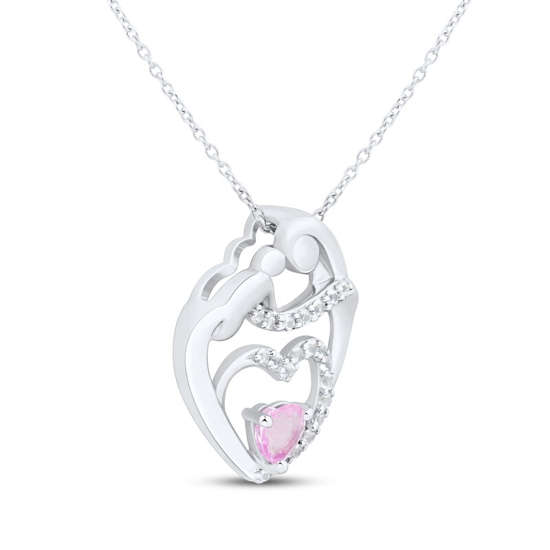 Main Image 2 of Heart-Shaped Pink & White Lab-Created Sapphire Mother & Child Heart Necklace Sterling Silver 18"