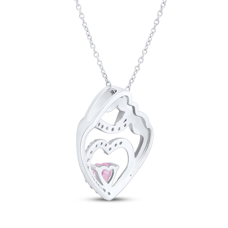 Main Image 3 of Heart-Shaped Pink & White Lab-Created Sapphire Mother & Child Heart Necklace Sterling Silver 18"