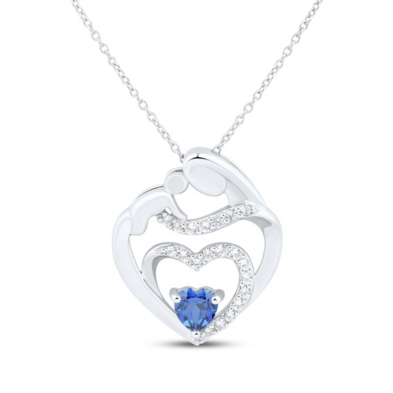 Heart-Shaped Blue & White Lab-Created Sapphire Mother & Child Heart Necklace Sterling Silver 18"
