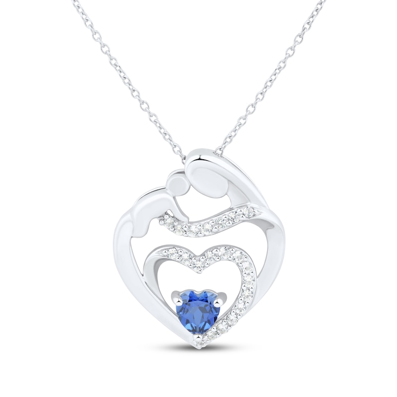 Main Image 1 of Heart-Shaped Blue & White Lab-Created Sapphire Mother & Child Heart Necklace Sterling Silver 18"