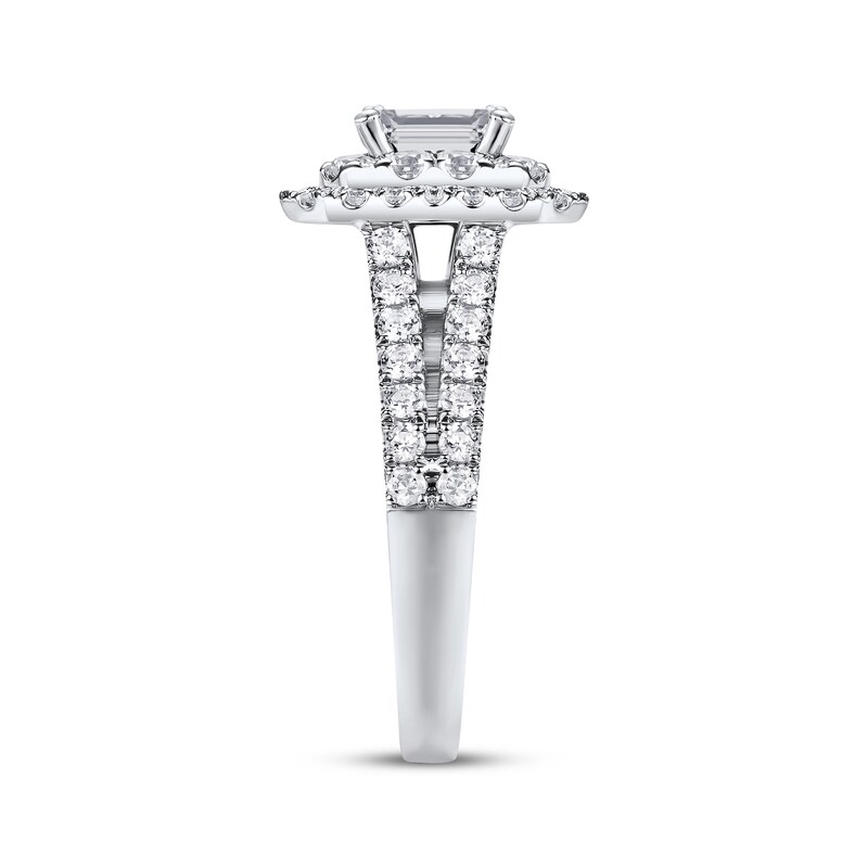 Main Image 2 of Emerald-Cut Diamond Double Halo Engagement Ring 1-3/4 ct tw 14K White Gold