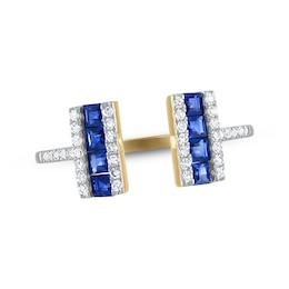 Square-Cut Natural Blue Sapphire & Diamond Open-Shank Ring 1/6 ct tw 14K Yellow Gold
