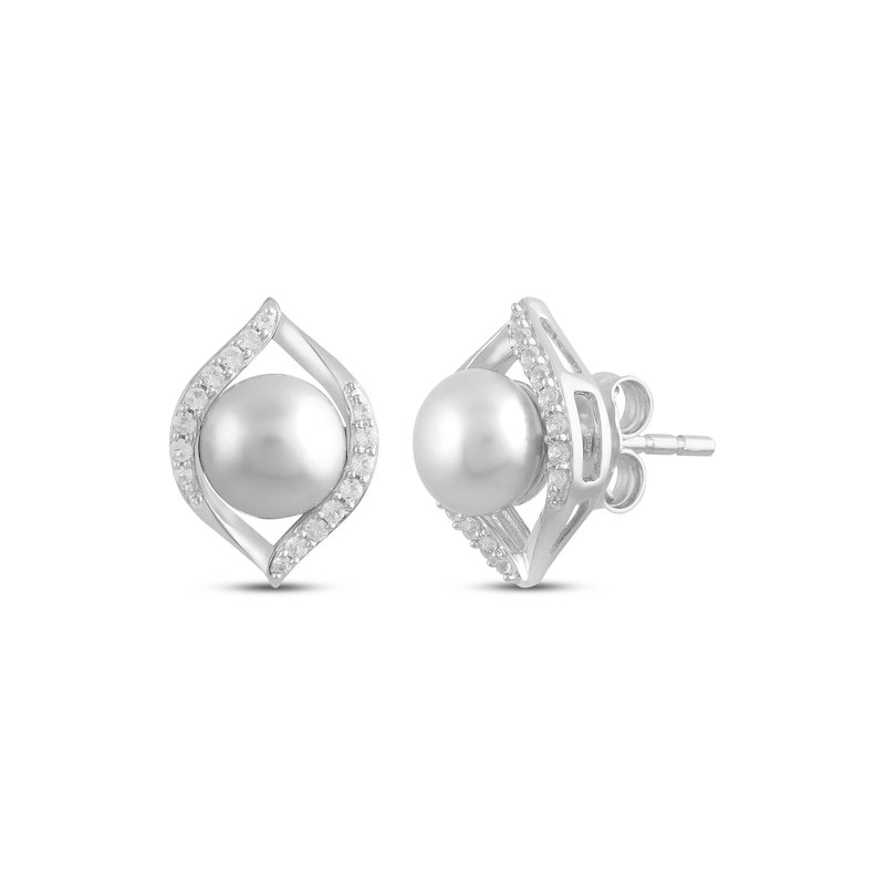 Main Image 1 of Cultured Pearl & White Lab-Created Sapphire Stud Earrings Sterling Silver