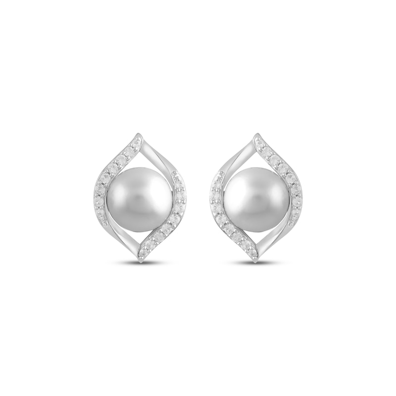 Main Image 2 of Cultured Pearl & White Lab-Created Sapphire Stud Earrings Sterling Silver