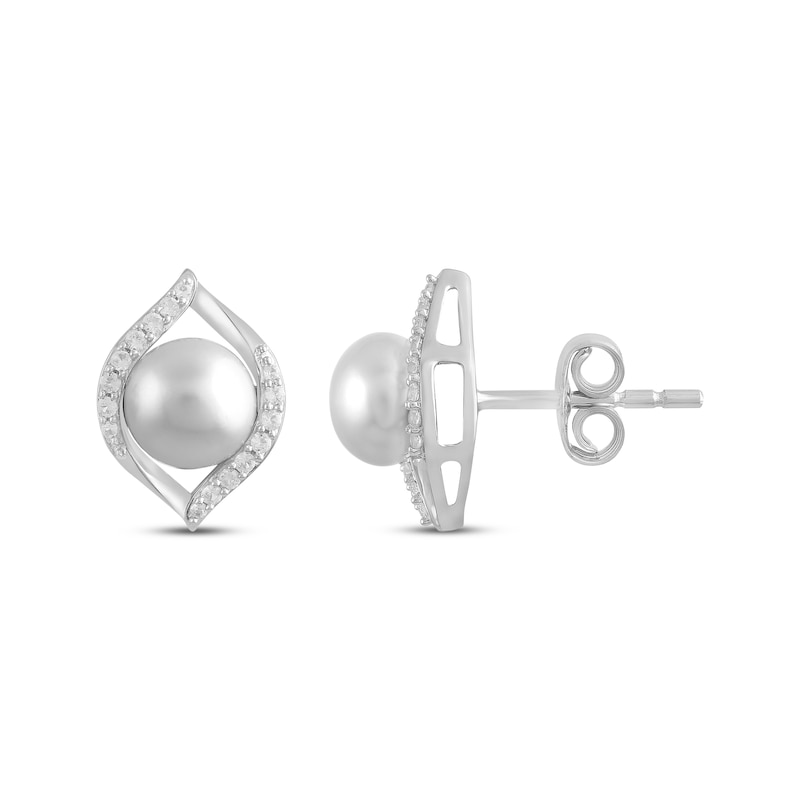 Main Image 3 of Cultured Pearl & White Lab-Created Sapphire Stud Earrings Sterling Silver